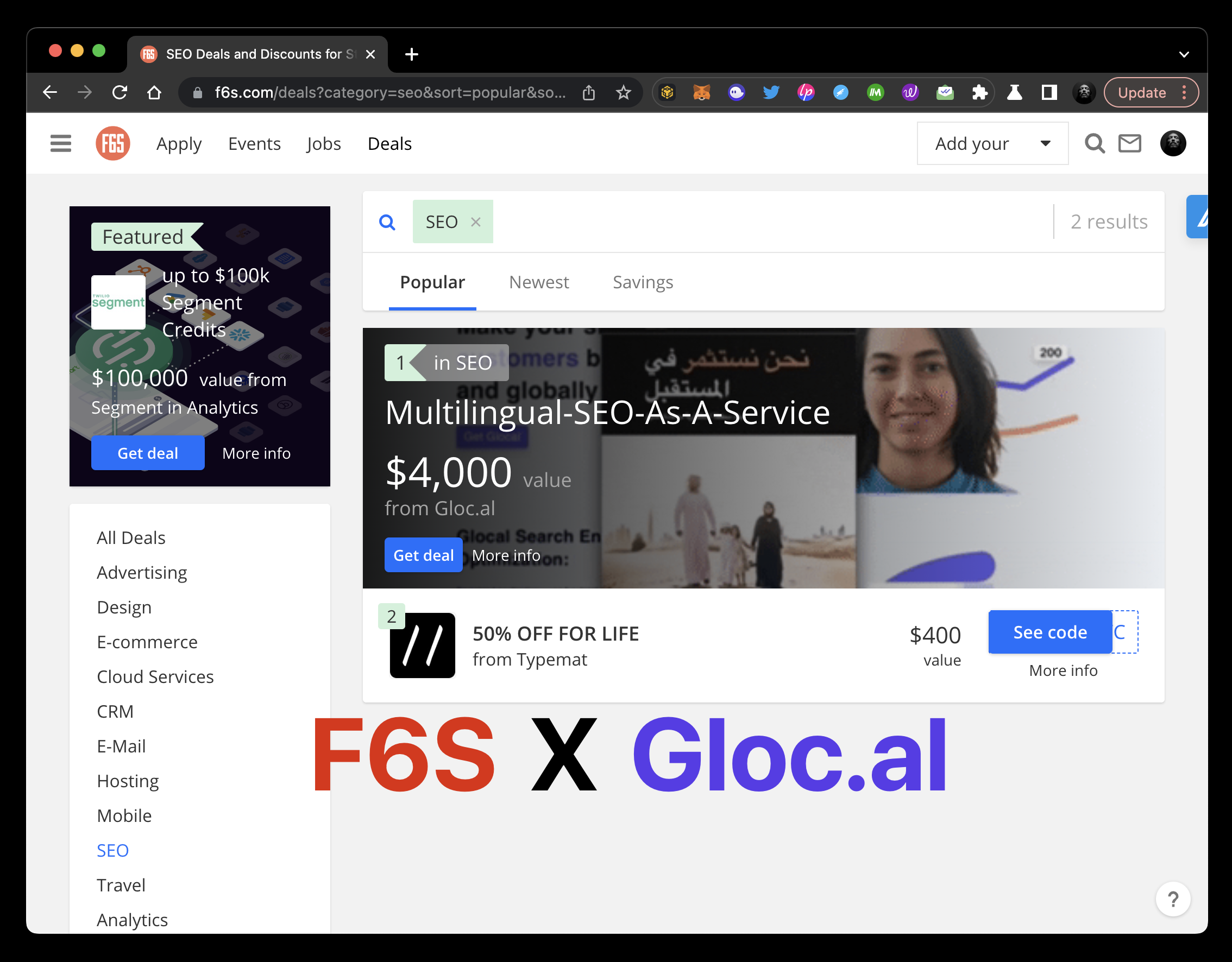screenshot of f6s platform and SEO category there. In this category Glocal is Number one Product
